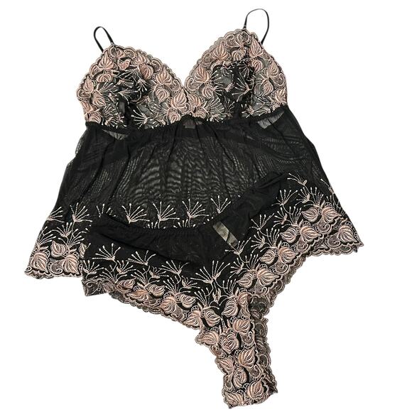 Cacique Lane Bryant Embroidered 2 Piece Babydoll Cami Set Black 1X/2X Plus Size - Picture 2 of 14